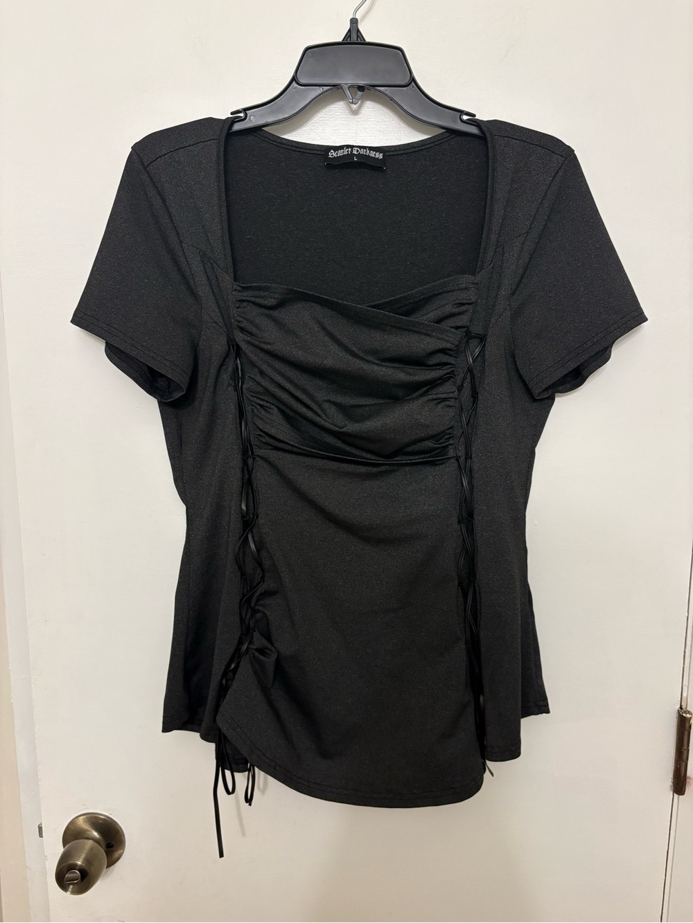 Scarlet Darkness Black Ruched Lace Up Top L Goth Renaissance Square Neck Peplum